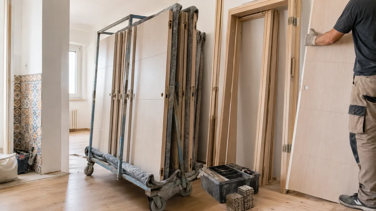Varios modelos de puertas de interior apilados en un taller para su suministro