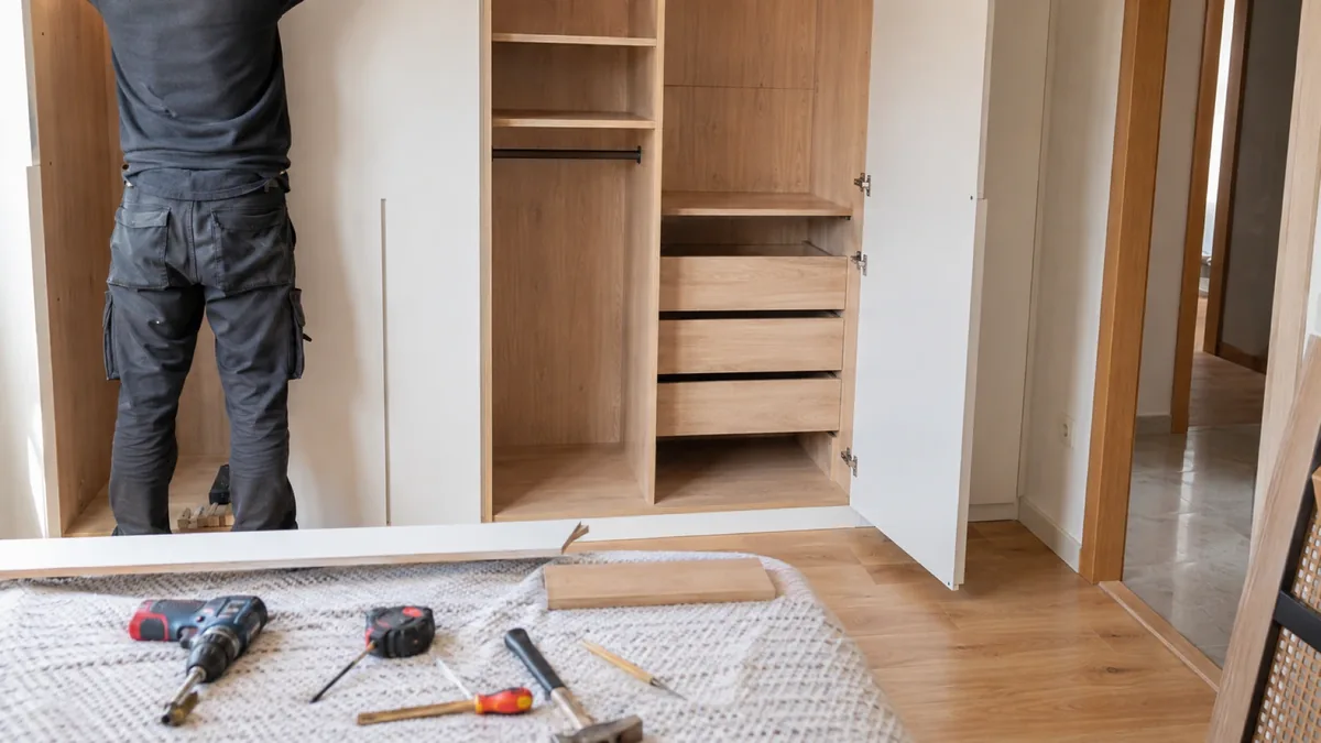 Librería de madera a medida instalada en un salón junto a la ventana