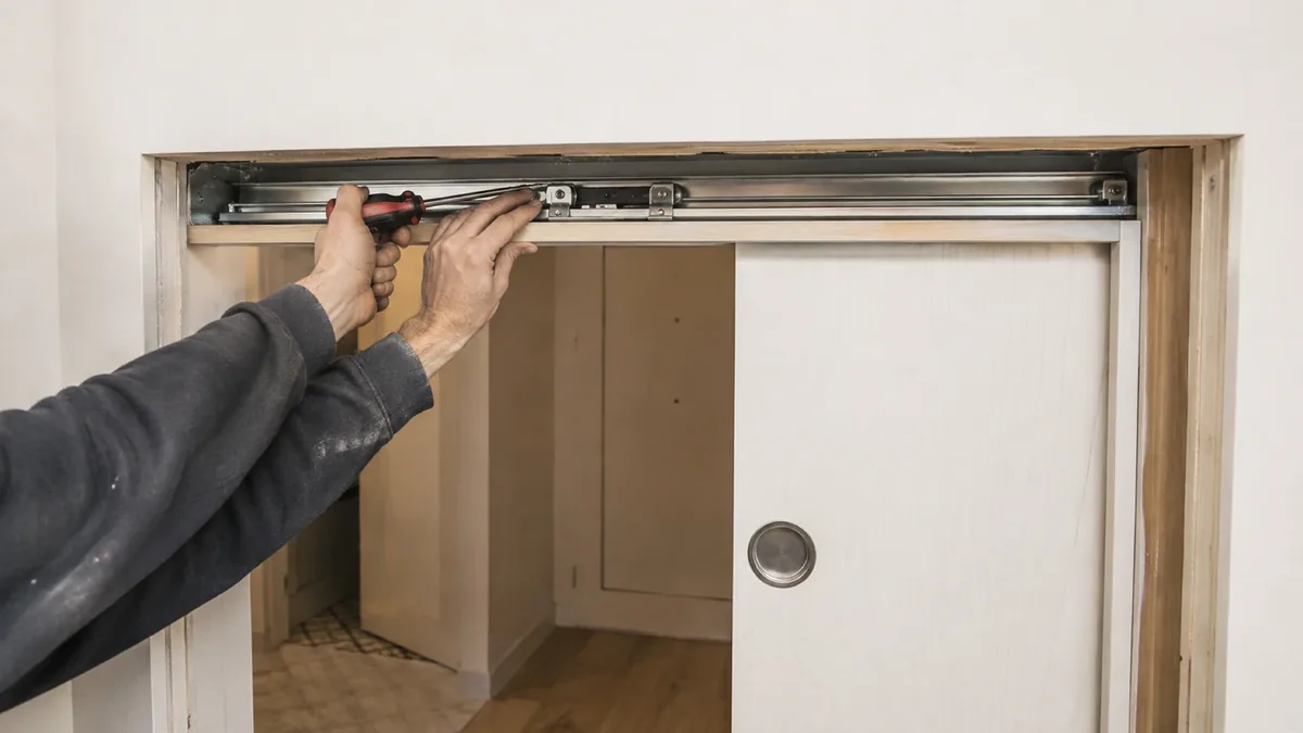 Casoneto metálico de una puerta corredera empotrada dentro de un tabique en obra