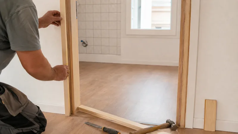 Puertas de interior de distintos acabados apoyadas en un taller de carpintería