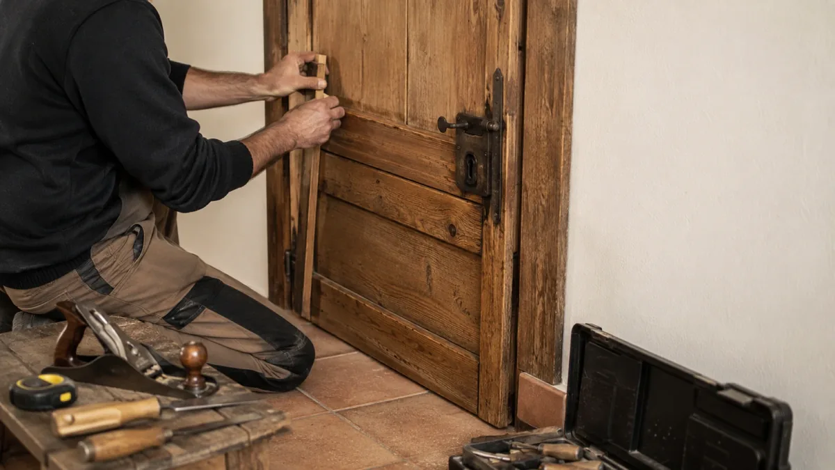 Puerta rústica de madera envejecida con herrajes de forja en una casa de pueblo