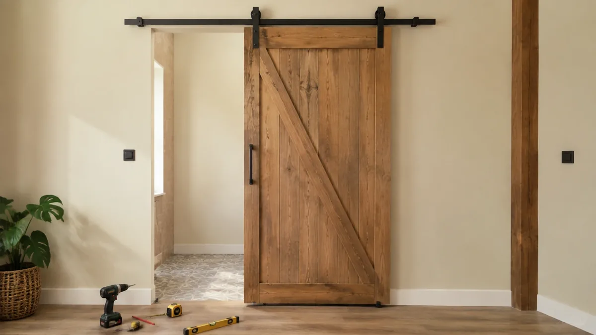 Puerta tipo granero de madera maciza deslizando sobre un raíl visto