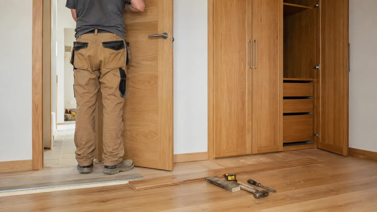 Carpintero instalando una puerta de interior en un piso de Madrid