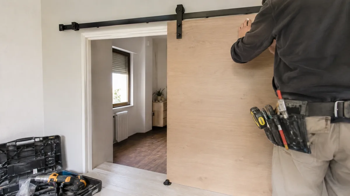 Puerta corredera de madera vista sobre la pared de una cocina en Valencia